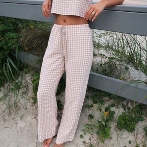 Linen-Blend Pull On Pant Light Brown Gingham